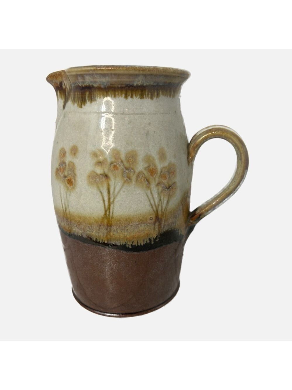 Studio Art Pottery Pitcher Artisan Signed Stoneware Glazed Floral Brown Gray